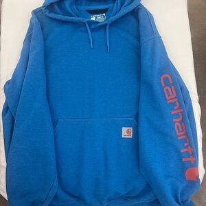 Carhartt Men's Blue Hoodie with Orange Logo